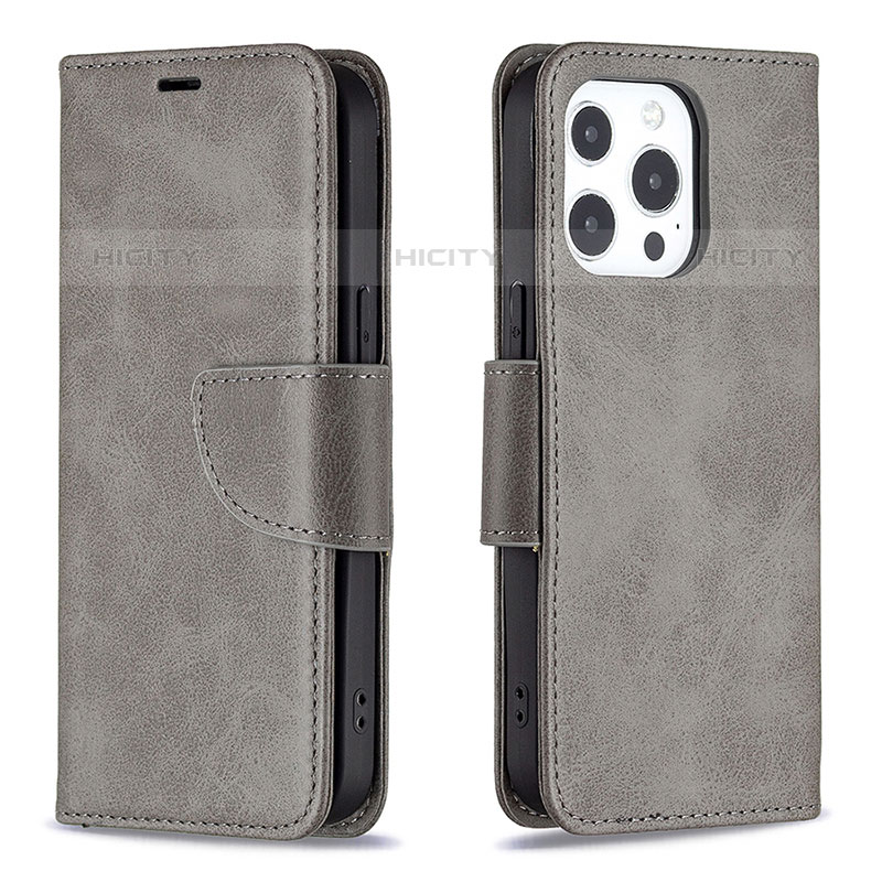 Coque Portefeuille Livre Cuir Etui Clapet L01 pour Apple iPhone 15 Pro Max Gris Fonce Plus