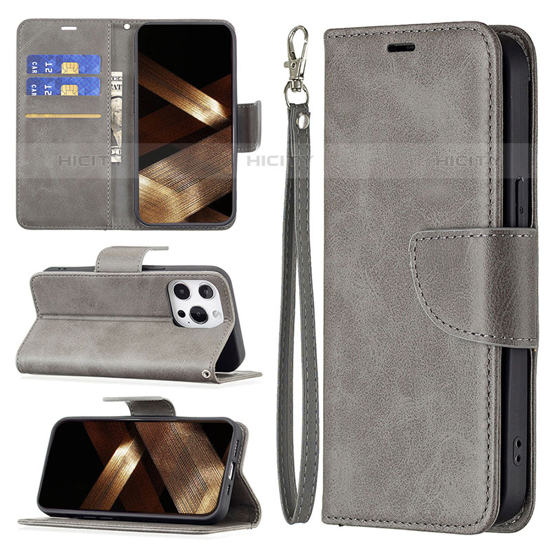 Coque Portefeuille Livre Cuir Etui Clapet L01 pour Apple iPhone 15 Pro Max Gris Fonce Plus