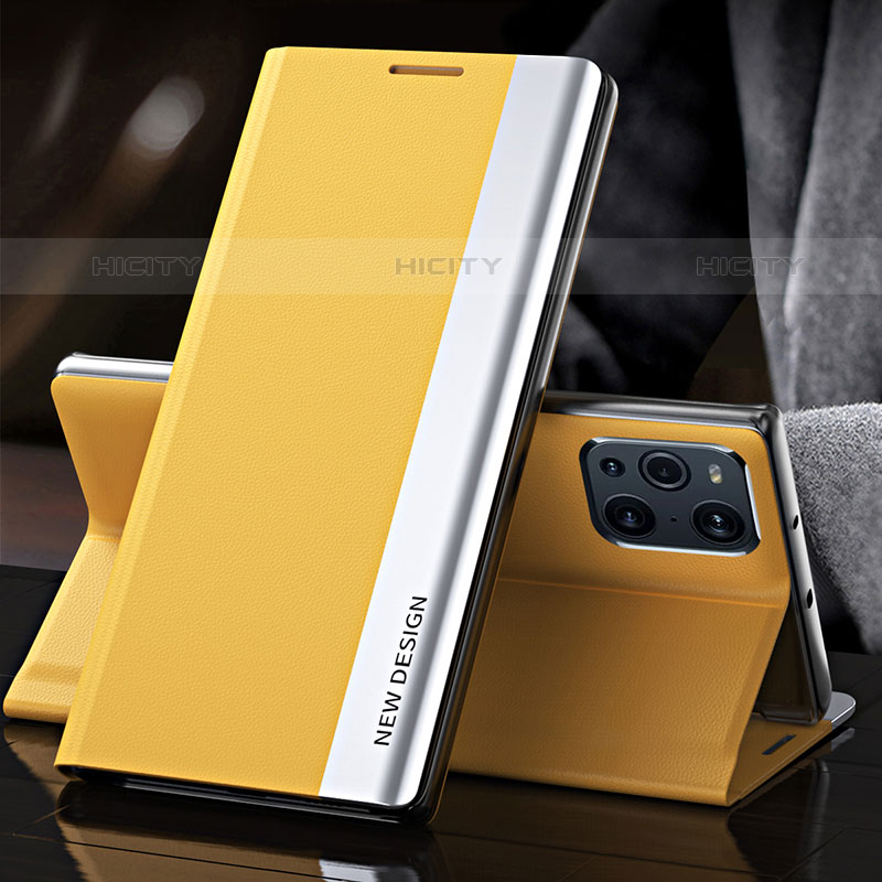 Coque Portefeuille Livre Cuir Etui Clapet L01 pour Oppo Find X3 Pro 5G Jaune Plus