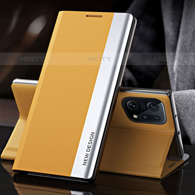 Coque Portefeuille Livre Cuir Etui Clapet L01 pour Oppo Find X5 Pro 5G Jaune Plus