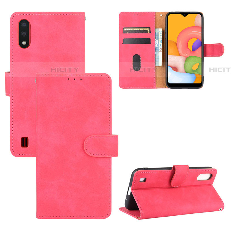 Coque Portefeuille Livre Cuir Etui Clapet L03Z pour Samsung Galaxy A01 SM-A015 Rose Rouge Plus