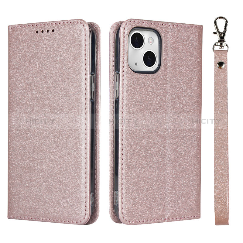 Coque Portefeuille Livre Cuir Etui Clapet L08 pour Apple iPhone 15 Plus Or Rose Plus