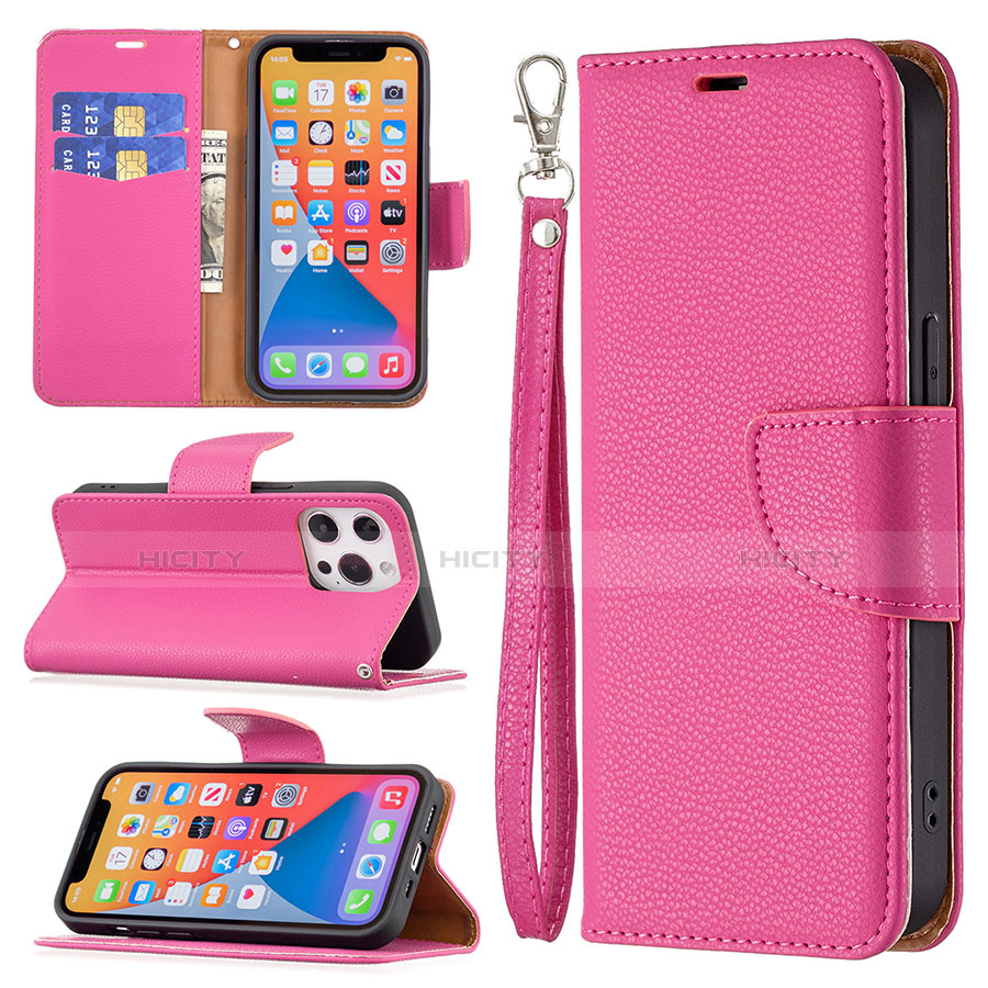 Coque Portefeuille Livre Cuir Etui Clapet pour Apple iPhone 13 Pro Rose Rouge Plus