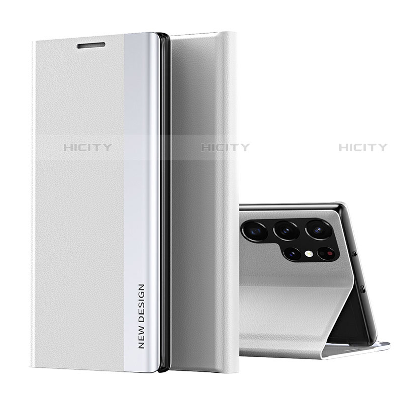 Coque Portefeuille Livre Cuir Etui Clapet pour Samsung Galaxy S22 Ultra 5G Blanc Plus