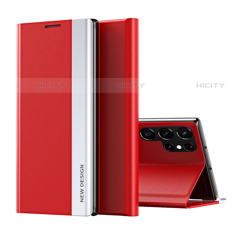 Coque Portefeuille Livre Cuir Etui Clapet pour Samsung Galaxy S22 Ultra 5G Rouge Plus