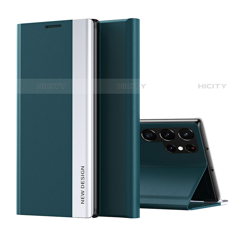 Coque Portefeuille Livre Cuir Etui Clapet pour Samsung Galaxy S22 Ultra 5G Vert Plus