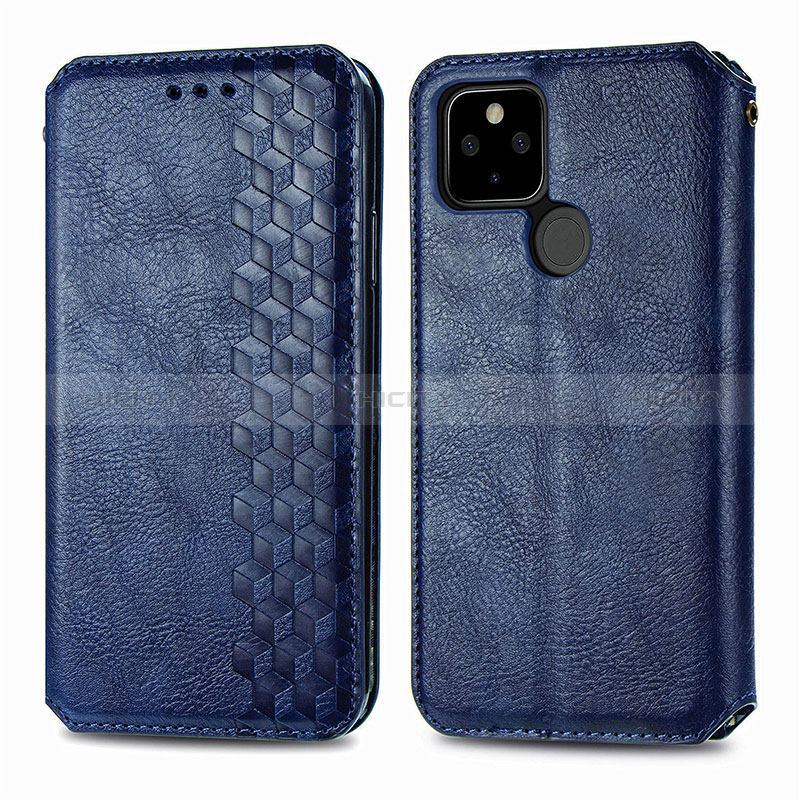 Coque Portefeuille Livre Cuir Etui Clapet S01D pour Google Pixel 4a 5G Bleu Plus