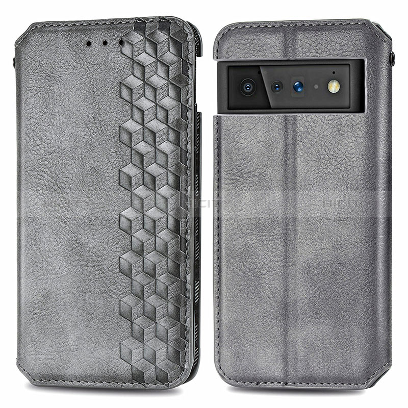 Coque Portefeuille Livre Cuir Etui Clapet S01D pour Google Pixel 6 Pro 5G Gris Plus