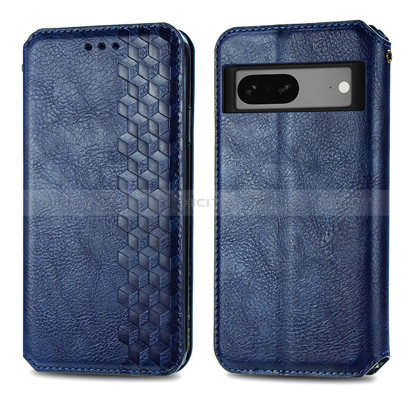 Coque Portefeuille Livre Cuir Etui Clapet S01D pour Google Pixel 7 5G Bleu Plus