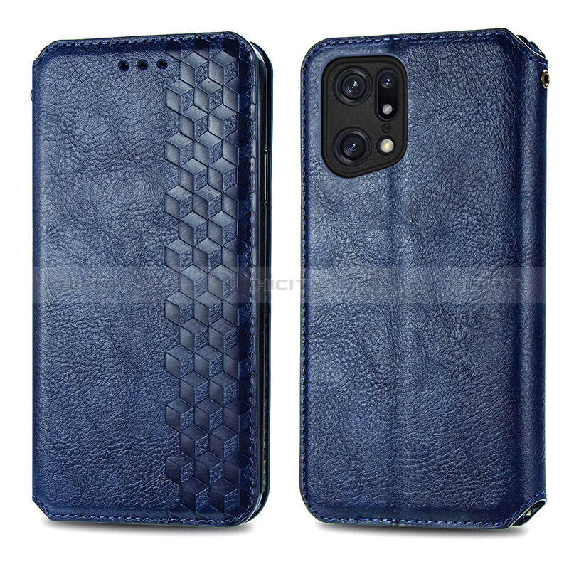 Coque Portefeuille Livre Cuir Etui Clapet S01D pour Oppo Find X5 5G Bleu Plus