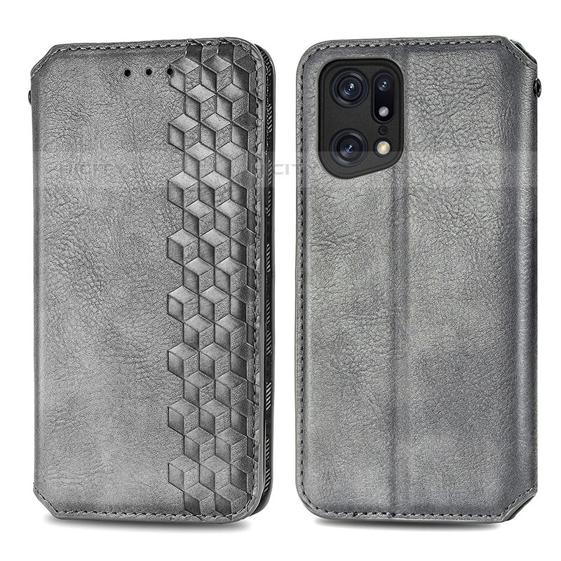 Coque Portefeuille Livre Cuir Etui Clapet S01D pour Oppo Find X5 Pro 5G Gris Plus