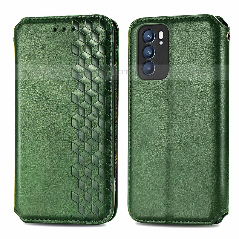 Coque Portefeuille Livre Cuir Etui Clapet S01D pour Oppo Reno6 5G Vert Plus