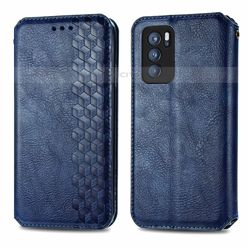 Coque Portefeuille Livre Cuir Etui Clapet S01D pour Oppo Reno6 Pro 5G India Bleu Plus