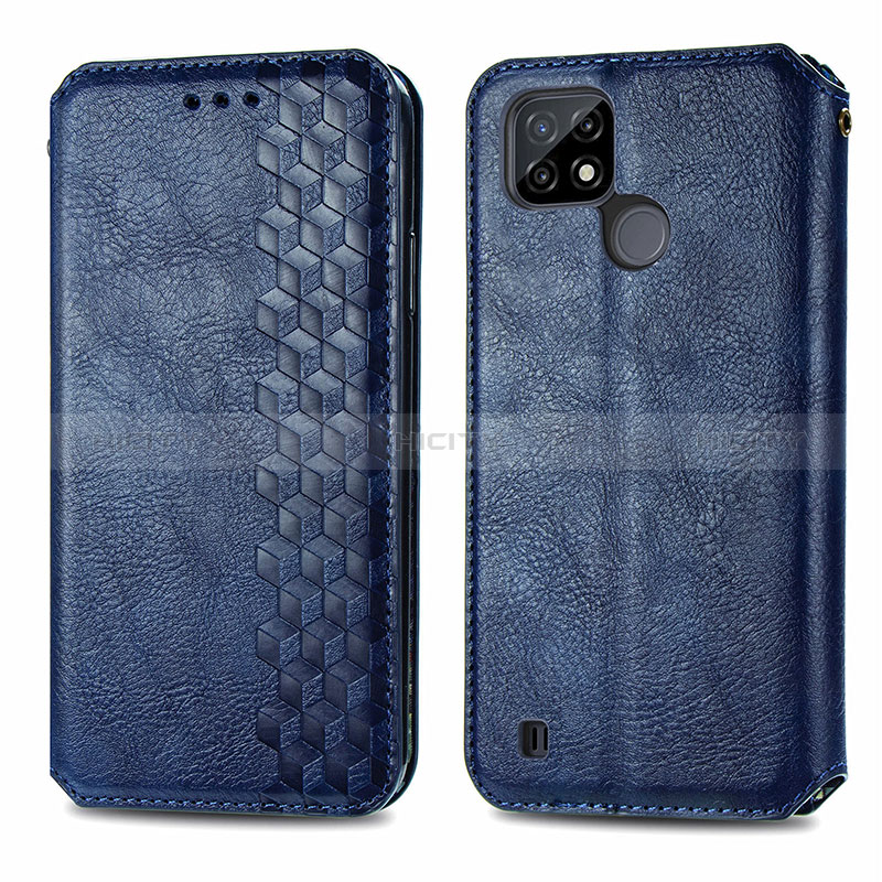 Coque Portefeuille Livre Cuir Etui Clapet S01D pour Realme C21Y Bleu Plus