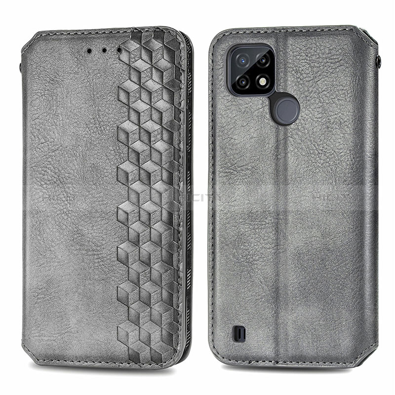 Coque Portefeuille Livre Cuir Etui Clapet S01D pour Realme C25Y India Gris Plus