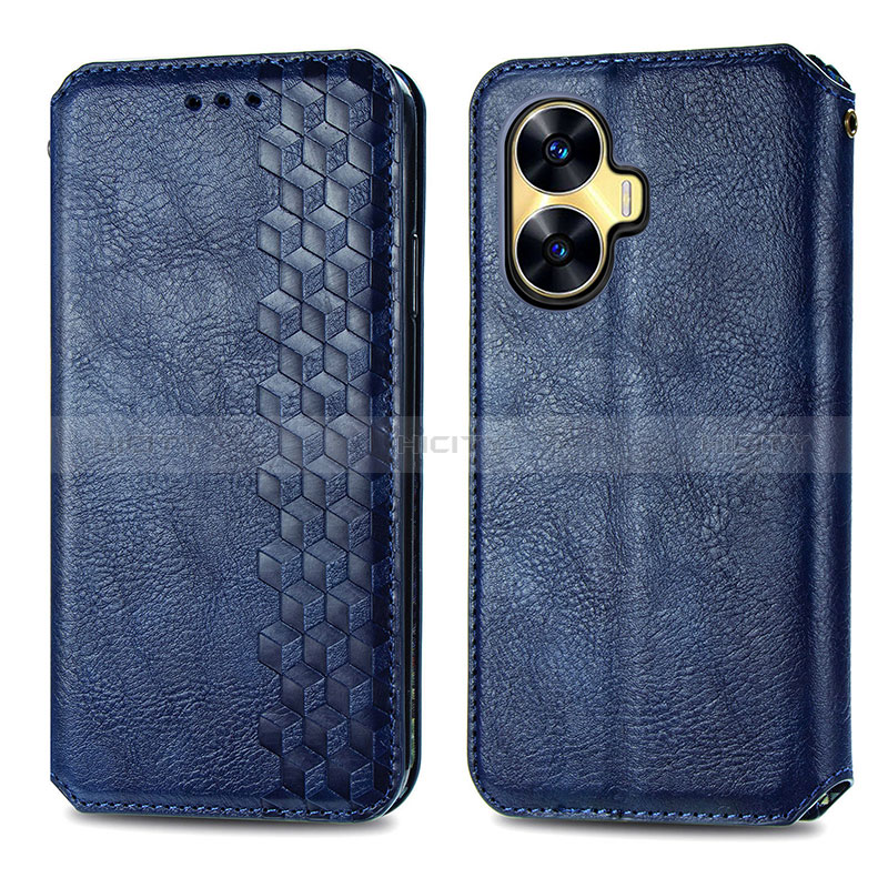 Coque Portefeuille Livre Cuir Etui Clapet S01D pour Realme Narzo N55 Bleu Plus