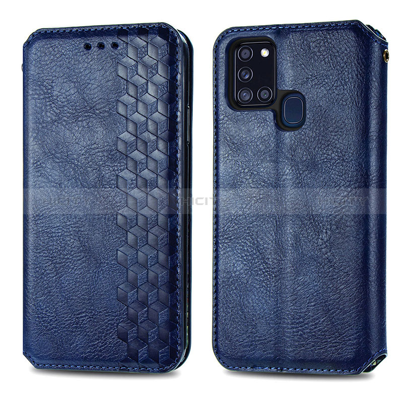 Coque Portefeuille Livre Cuir Etui Clapet S01D pour Samsung Galaxy A21s Bleu Plus