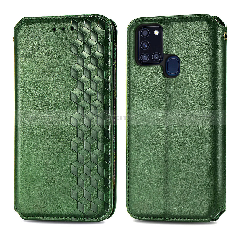 Coque Portefeuille Livre Cuir Etui Clapet S01D pour Samsung Galaxy A21s Vert Plus