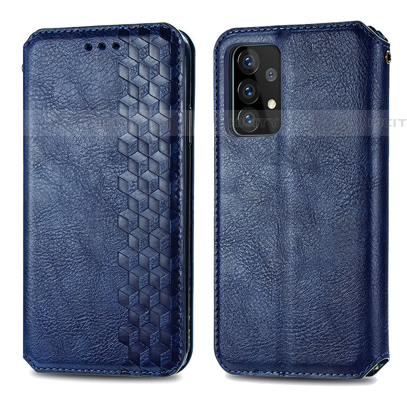 Coque Portefeuille Livre Cuir Etui Clapet S01D pour Samsung Galaxy A52 5G Bleu Plus