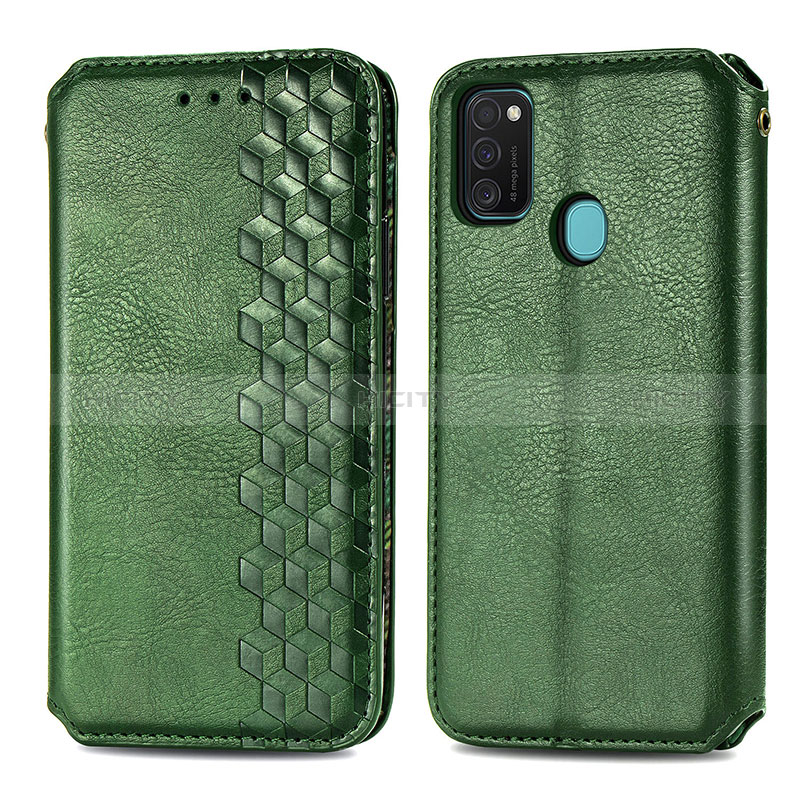 Coque Portefeuille Livre Cuir Etui Clapet S01D pour Samsung Galaxy M21 Vert Plus