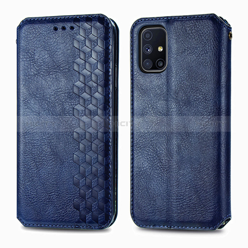 Coque Portefeuille Livre Cuir Etui Clapet S01D pour Samsung Galaxy M51 Bleu Plus