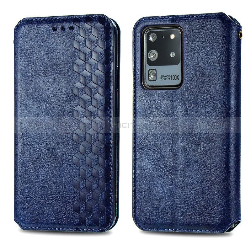 Coque Portefeuille Livre Cuir Etui Clapet S01D pour Samsung Galaxy S20 Ultra 5G Bleu Plus