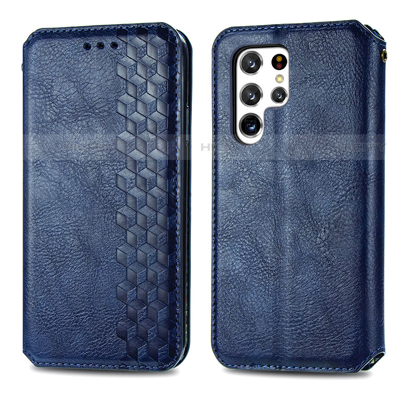 Coque Portefeuille Livre Cuir Etui Clapet S01D pour Samsung Galaxy S22 Ultra 5G Bleu Plus