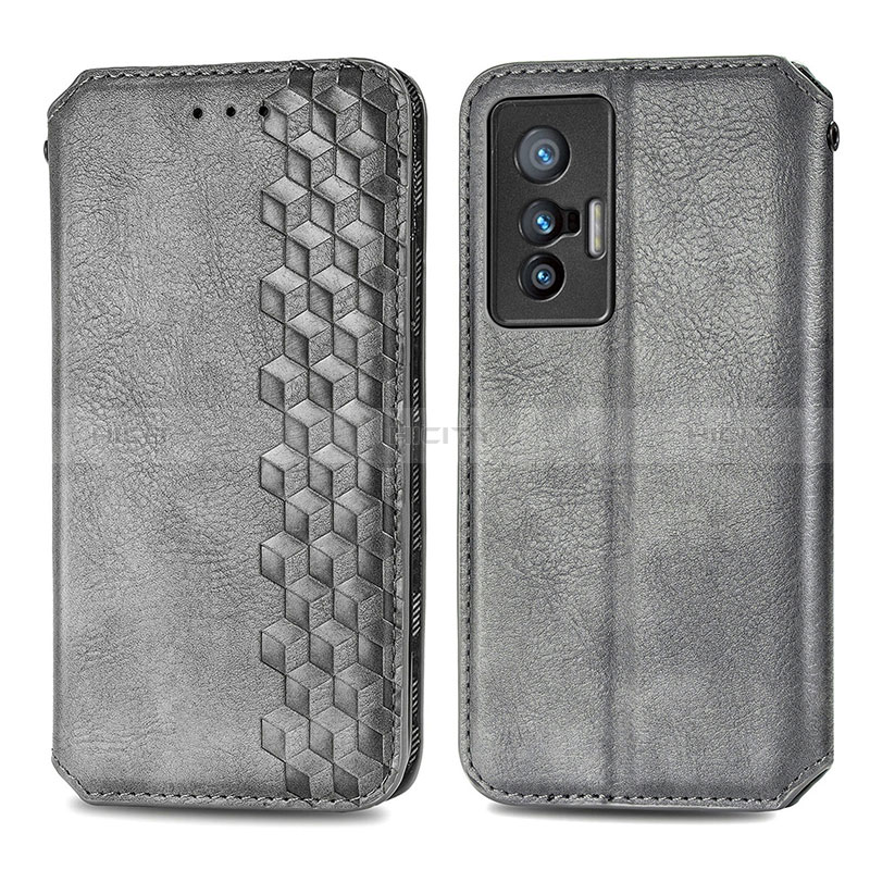 Coque Portefeuille Livre Cuir Etui Clapet S01D pour Vivo X70t Gris Plus