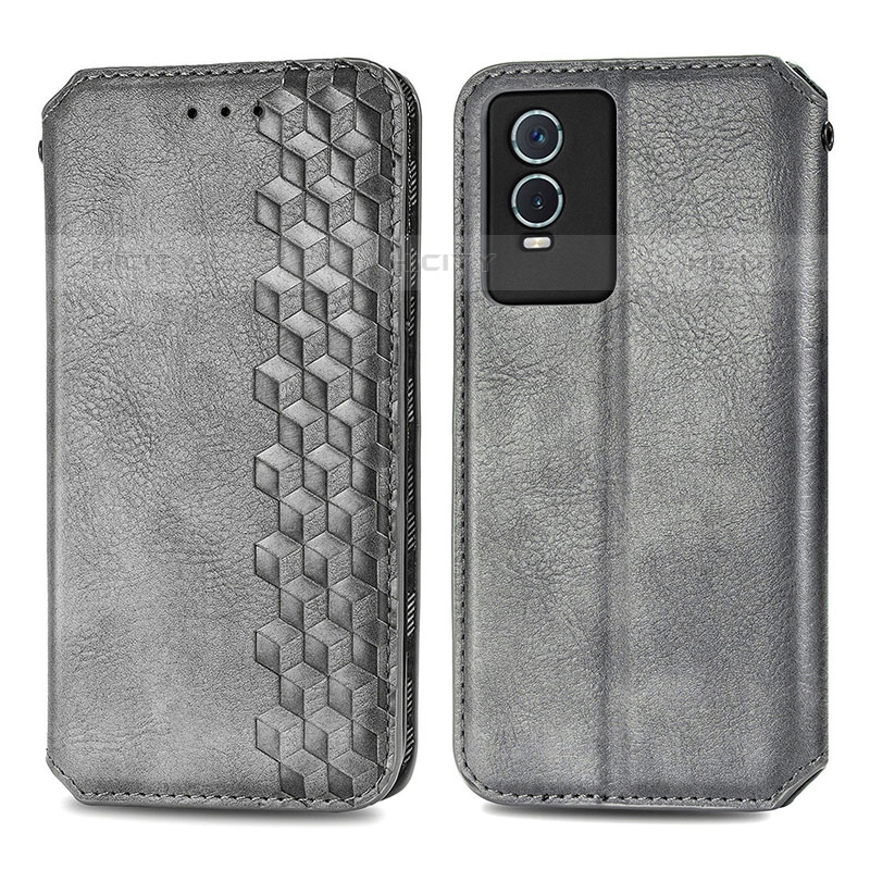 Coque Portefeuille Livre Cuir Etui Clapet S01D pour Vivo Y74s 5G Gris Plus