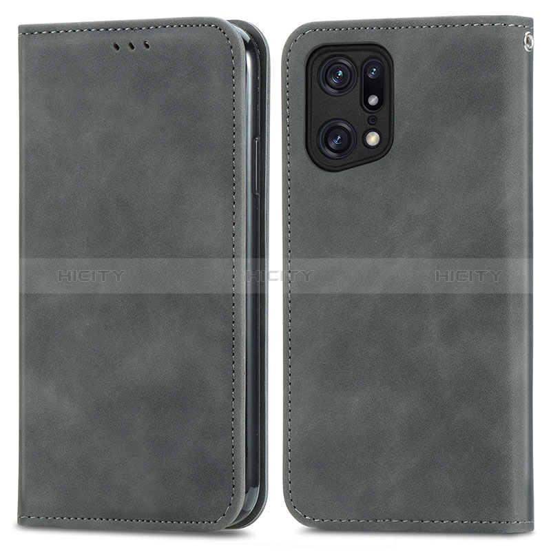 Coque Portefeuille Livre Cuir Etui Clapet S04D pour Oppo Find X5 5G Gris Plus