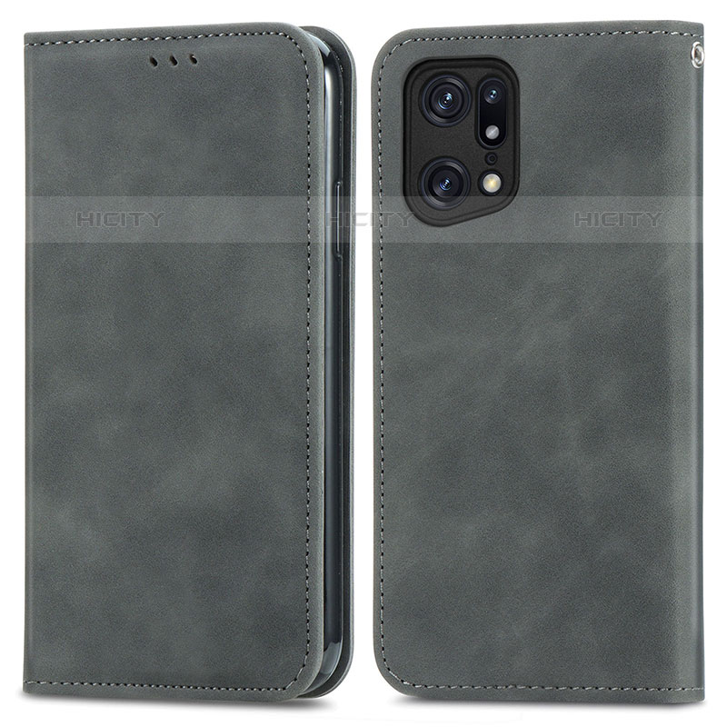 Coque Portefeuille Livre Cuir Etui Clapet S04D pour Oppo Find X5 Pro 5G Gris Plus