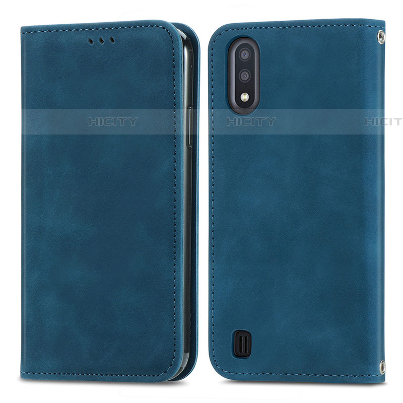 Coque Portefeuille Livre Cuir Etui Clapet S04D pour Samsung Galaxy A01 SM-A015 Bleu Plus