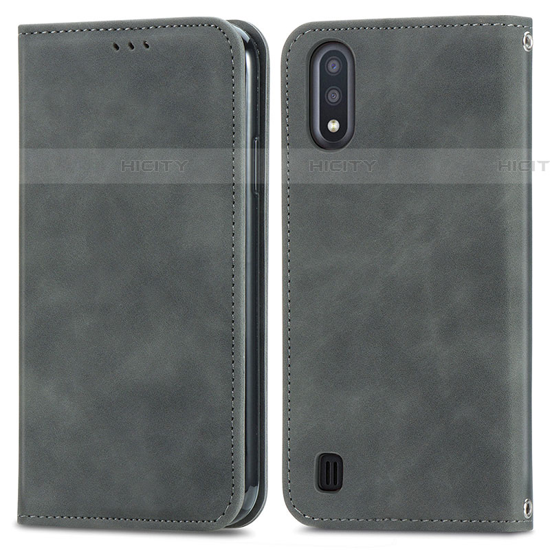 Coque Portefeuille Livre Cuir Etui Clapet S04D pour Samsung Galaxy A01 SM-A015 Gris Plus