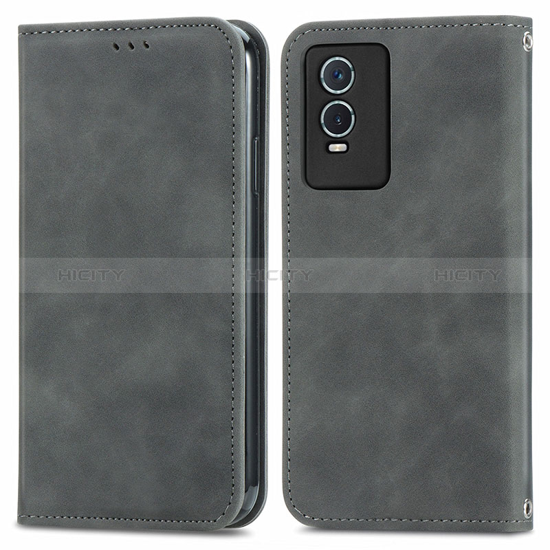 Coque Portefeuille Livre Cuir Etui Clapet S04D pour Vivo Y76s 5G Gris Plus