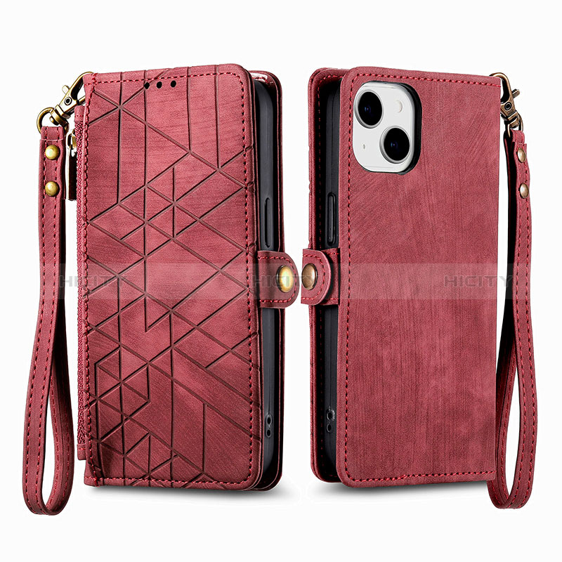 Coque Portefeuille Livre Cuir Etui Clapet S05D pour Apple iPhone 15 Rouge Plus