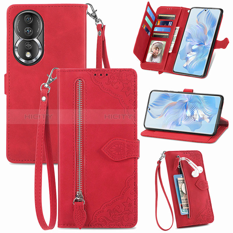 Coque Portefeuille Livre Cuir Etui Clapet S06D pour Huawei Honor 80 5G Rouge Plus