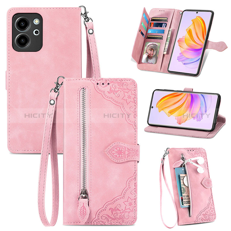 Coque Portefeuille Livre Cuir Etui Clapet S06D pour Huawei Honor 80 SE 5G Rose Plus