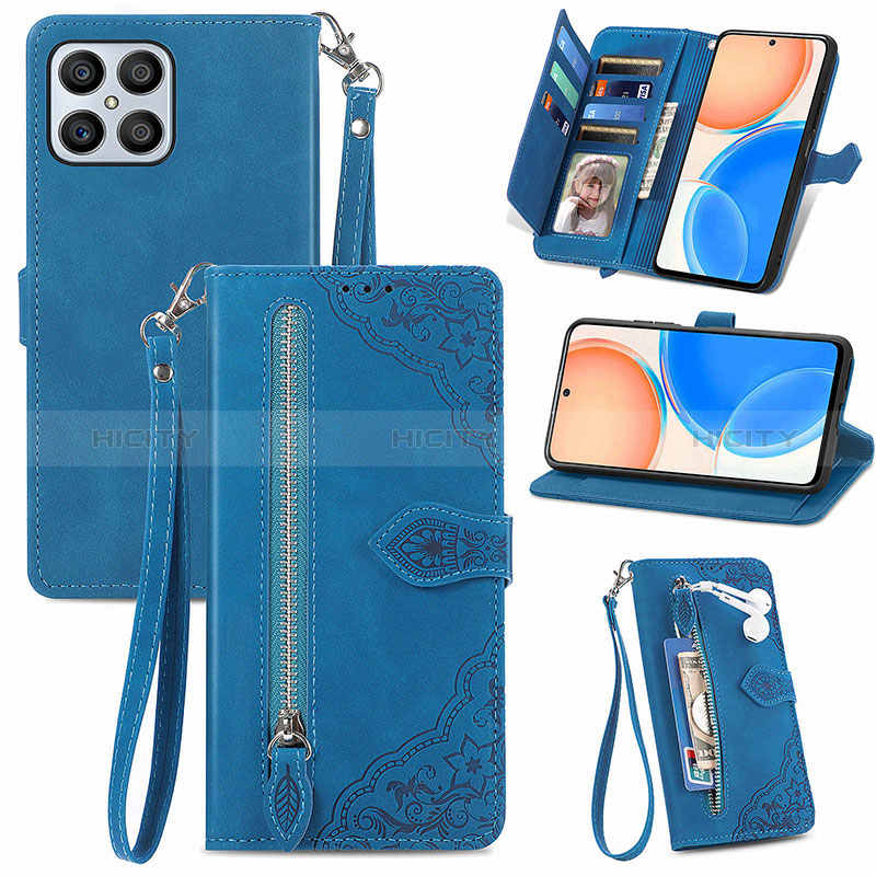 Coque Portefeuille Livre Cuir Etui Clapet S06D pour Huawei Honor X8 4G Bleu Plus