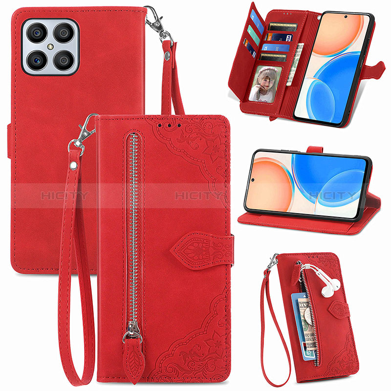 Coque Portefeuille Livre Cuir Etui Clapet S06D pour Huawei Honor X8 4G Rouge Plus