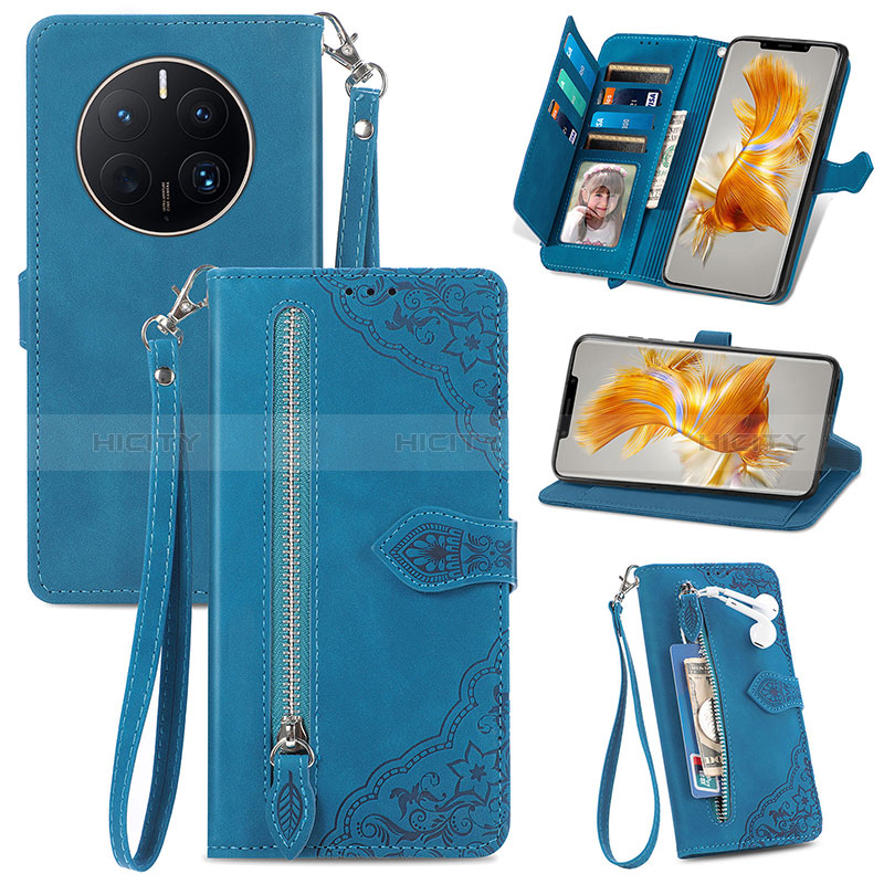 Coque Portefeuille Livre Cuir Etui Clapet S06D pour Huawei Mate 50 Pro Bleu Plus