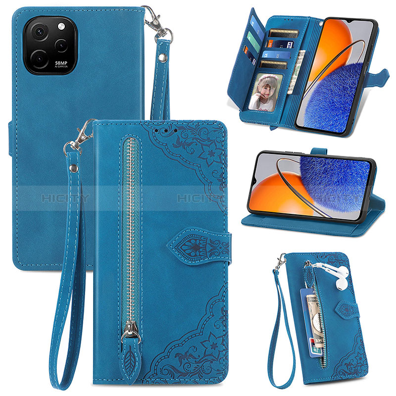 Coque Portefeuille Livre Cuir Etui Clapet S06D pour Huawei Nova Y61 Bleu Plus