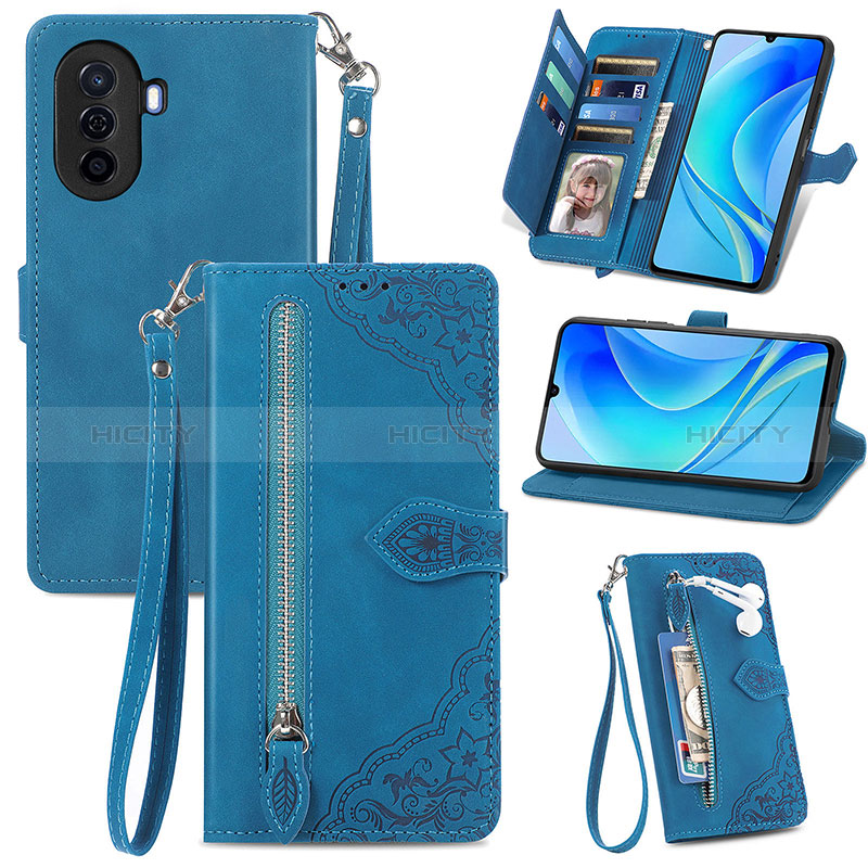 Coque Portefeuille Livre Cuir Etui Clapet S06D pour Huawei Nova Y70 Bleu Plus