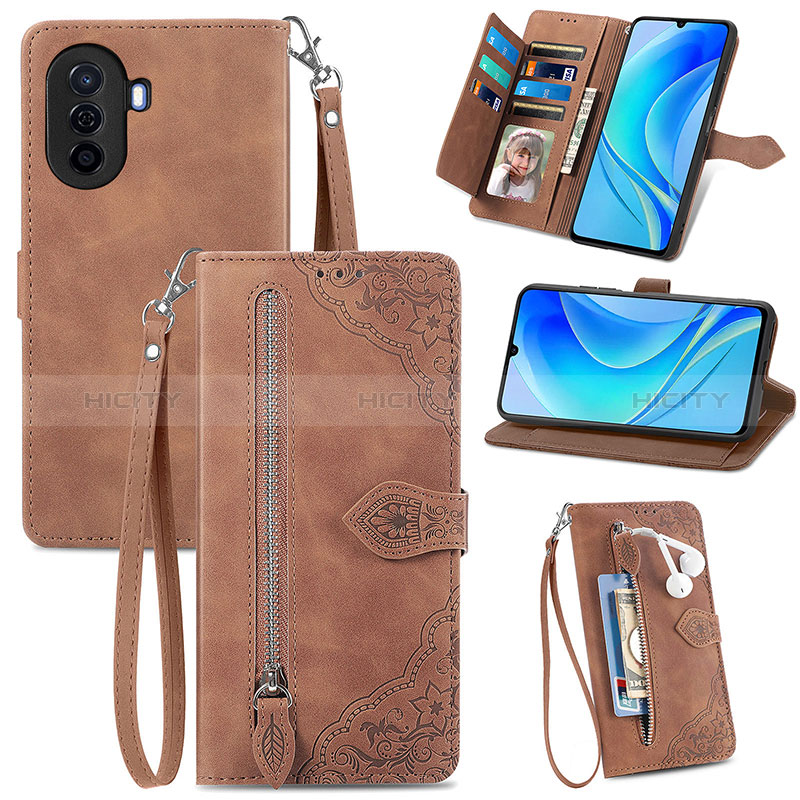 Coque Portefeuille Livre Cuir Etui Clapet S06D pour Huawei Nova Y70 Marron Plus