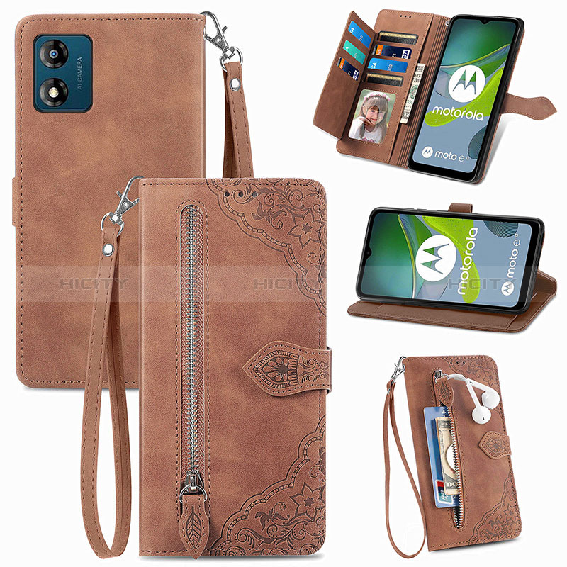 Coque Portefeuille Livre Cuir Etui Clapet S06D pour Motorola Moto E13 Marron Plus