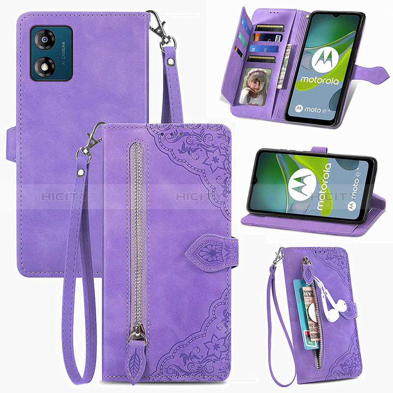 Coque Portefeuille Livre Cuir Etui Clapet S06D pour Motorola Moto E13 Violet Plus