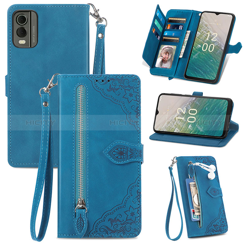 Coque Portefeuille Livre Cuir Etui Clapet S06D pour Nokia C210 Bleu Plus