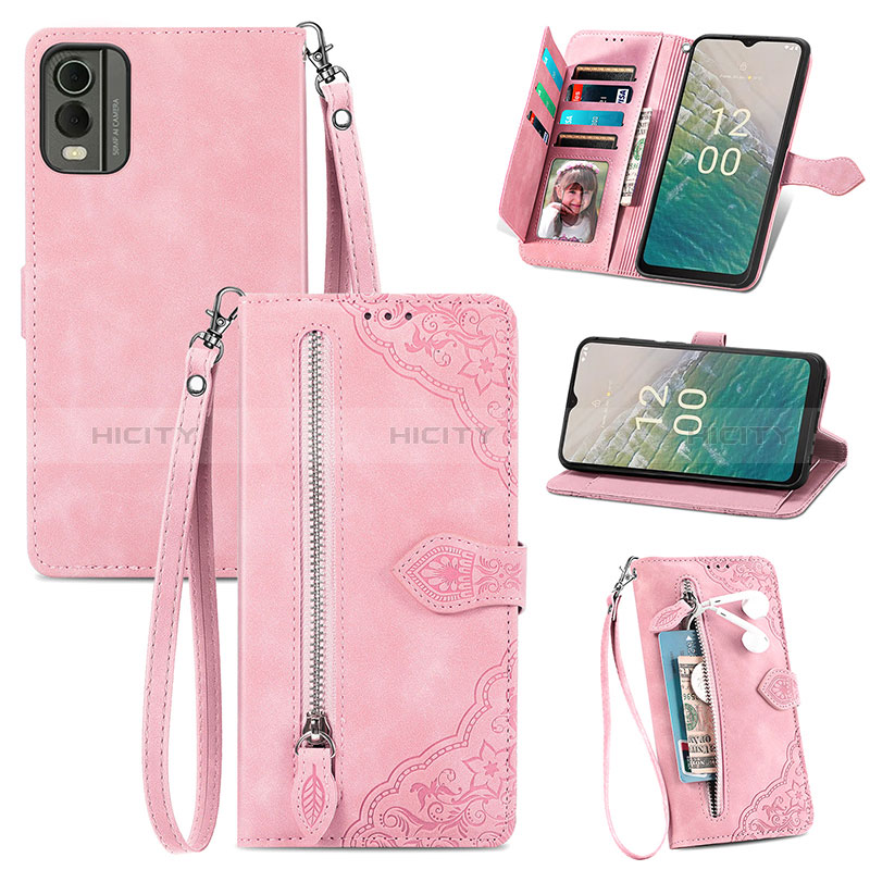 Coque Portefeuille Livre Cuir Etui Clapet S06D pour Nokia C210 Rose Plus