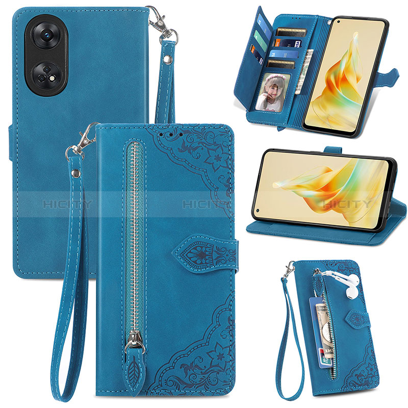 Coque Portefeuille Livre Cuir Etui Clapet S06D pour Oppo Reno8 T 4G Bleu Plus