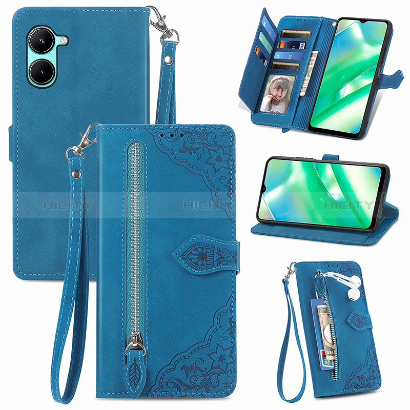 Coque Portefeuille Livre Cuir Etui Clapet S06D pour Realme C33 (2023) Bleu Plus