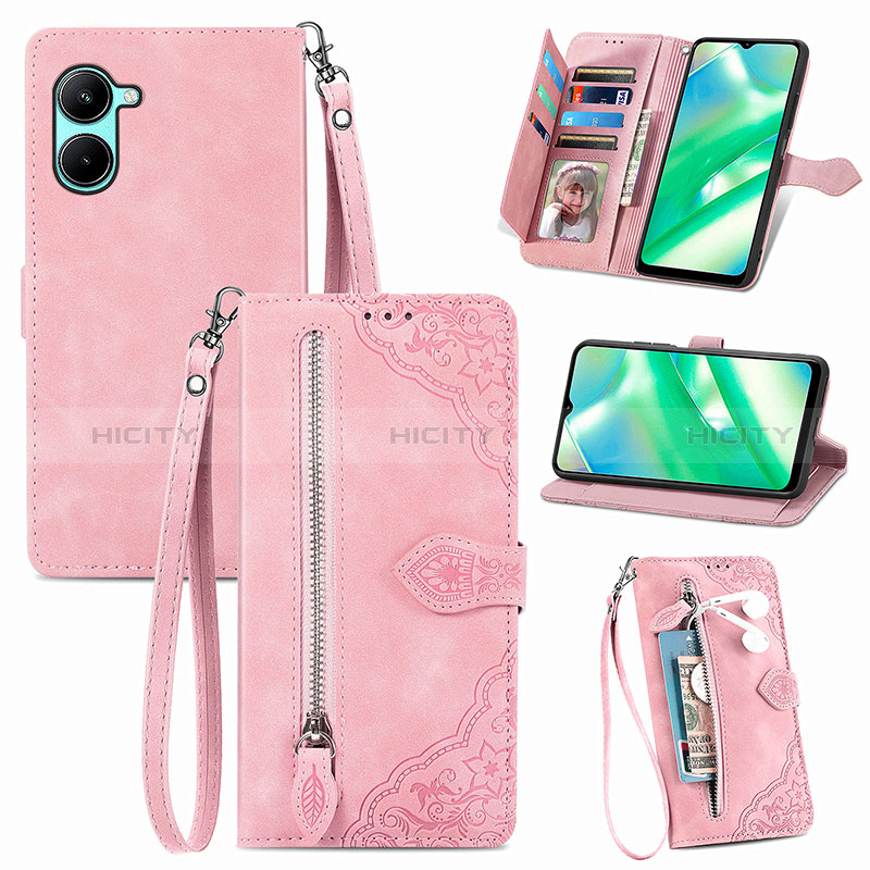 Coque Portefeuille Livre Cuir Etui Clapet S06D pour Realme C33 Rose Plus